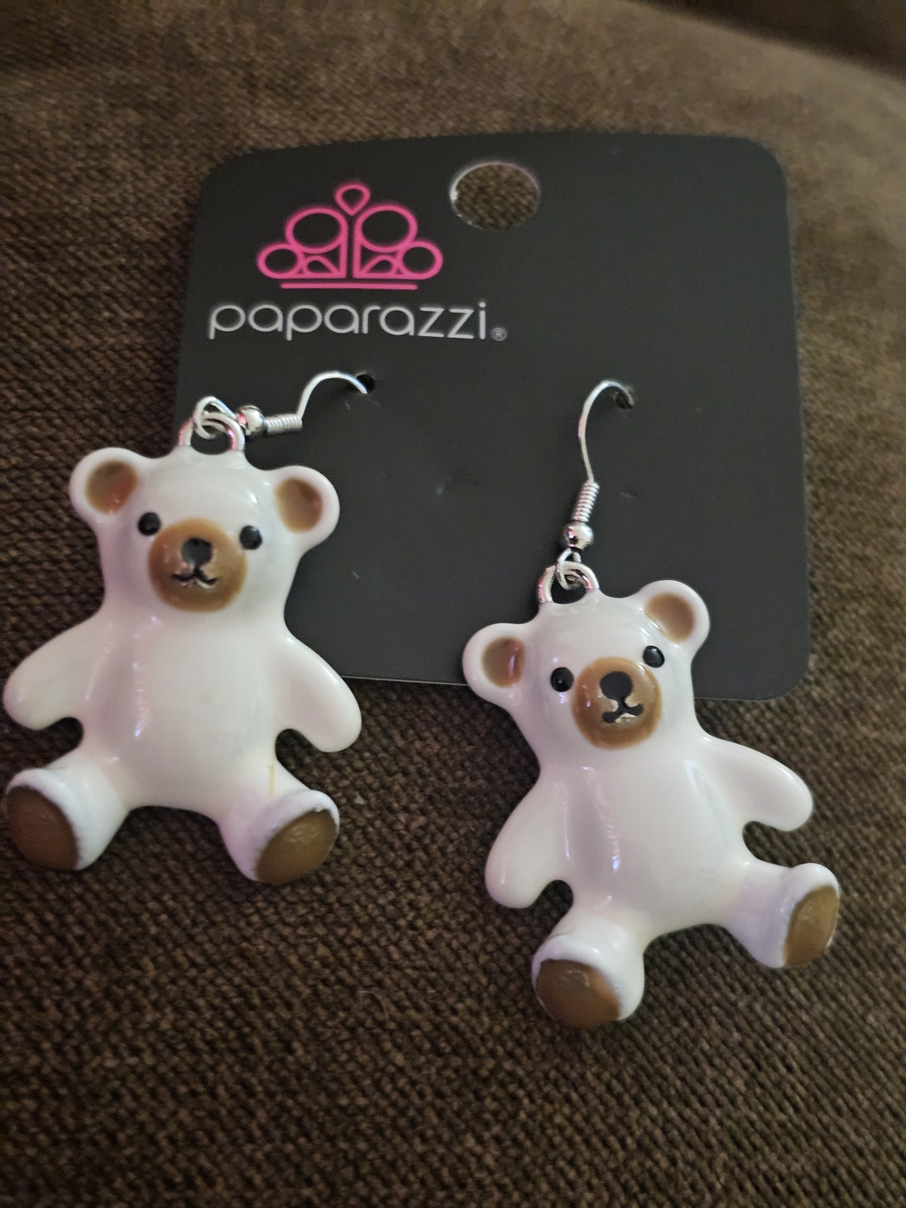 paparazzi White and Brown Teddy Bear Dangle Earrings